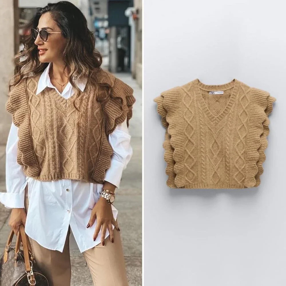 Zara  Cable Knit Ruffle Sweater Vest Alpaca Wool Blend Tan NWT Size Medium